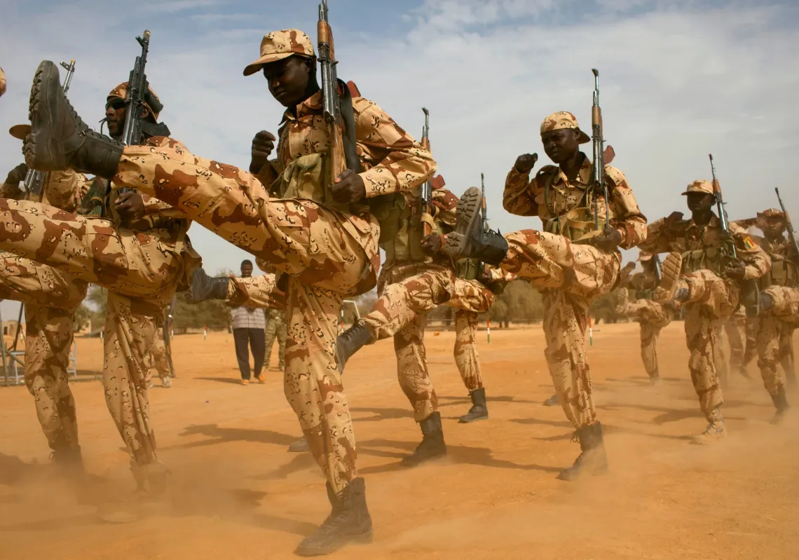 Chadian soldiers march during Flintlock 2014, a US-led training mission for African militaries, in Diffa, Niger, on March 3, 2014. 