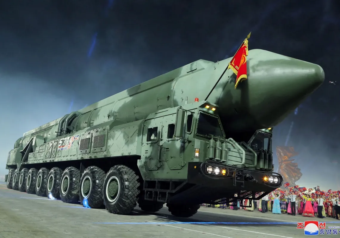A new model of intercontinental ballistic missile (ICBM), the solid-fuel Hwasong-18, is paraded at Kim Il Sung Square in Pyongyang to mark a key anniversary of the Korean War on 27 July, 2023.