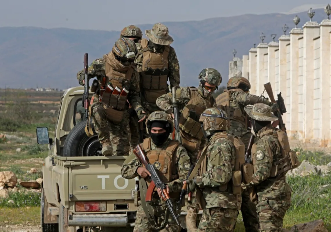Syrian army soldiers patrol along the Syrian–Lebanese border in the rural area of Al Qusayr on 1 April 2026.