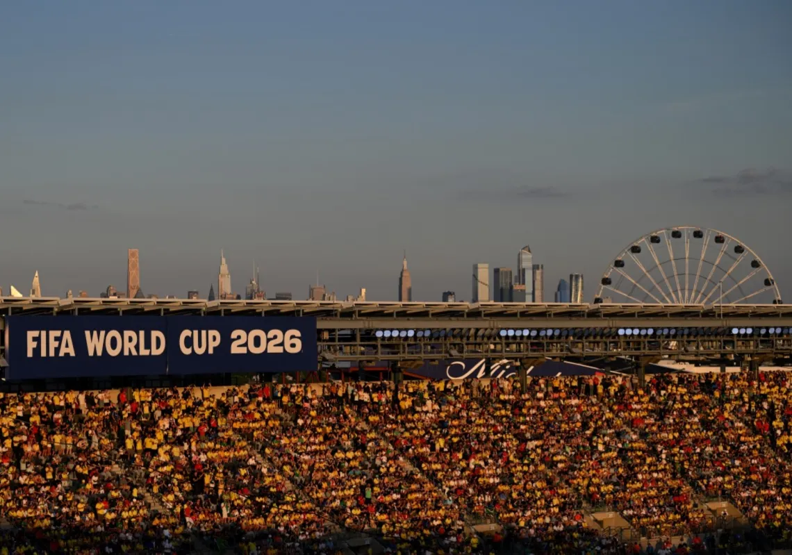 This view shows the stand and the skyscrapers of New York during the 2026 World Cup Group C football match between Brazil and Morocco at the New York/New Jersey Stadium in East Rutherford on 13 June 2026.