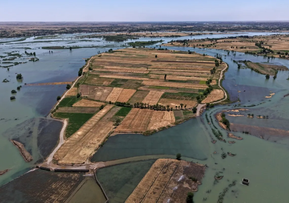 This aerial photograph shows an inundated area in Syria's Deir ez-Zor province on 31 May 2026, following recent flooding as water levels from the Euphrates River rise.