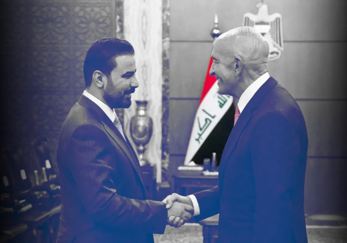  رئيس الوزراء العراقي علي الزيدي خلال والمبعوث الأميركي الخاص إلى سوريا وسفير الولايات المتحدة لدى تركيا، توم باراك، أثناء زيارته لبغداد في 15 يونيو 2026