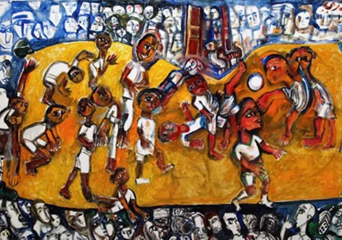 A painting by the Egyptian artist George Bahgory from the series “Love and Football”.
