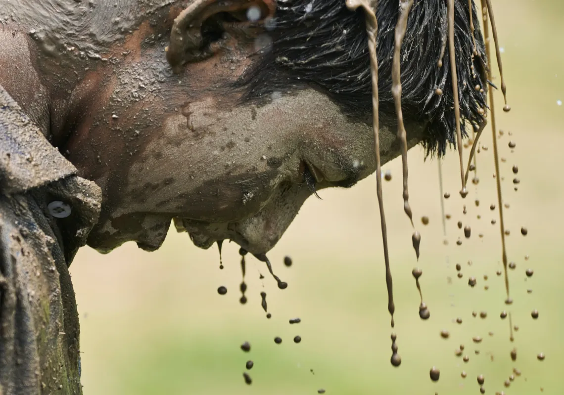 A boy washes his hair and face after playing in the mud in a paddy field during Asar Pandra, the annual paddy planting festival, in Kathmandu, Nepal, on 29 June 2026. 