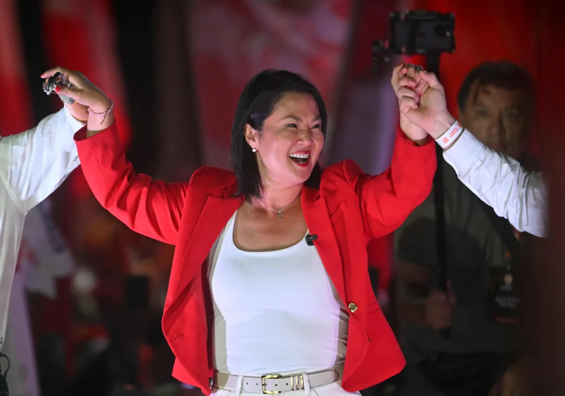 Peru's presidential candidate for the Fuerza Popular party, Keiko Fujimori, smiles during her closing campaign rally in Lima on 4 June 2026.