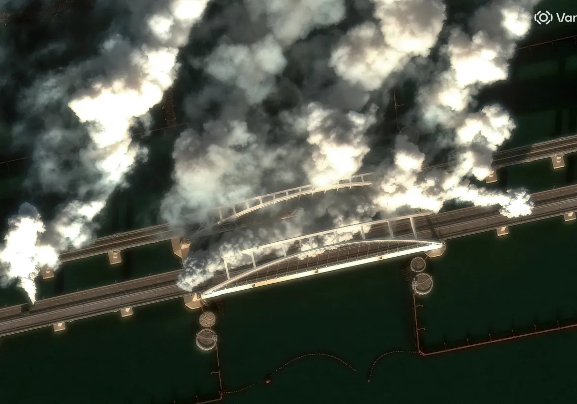 Smoke rising from the Crimea Bridge after a Ukrainian drone strike on 22 June 2026.