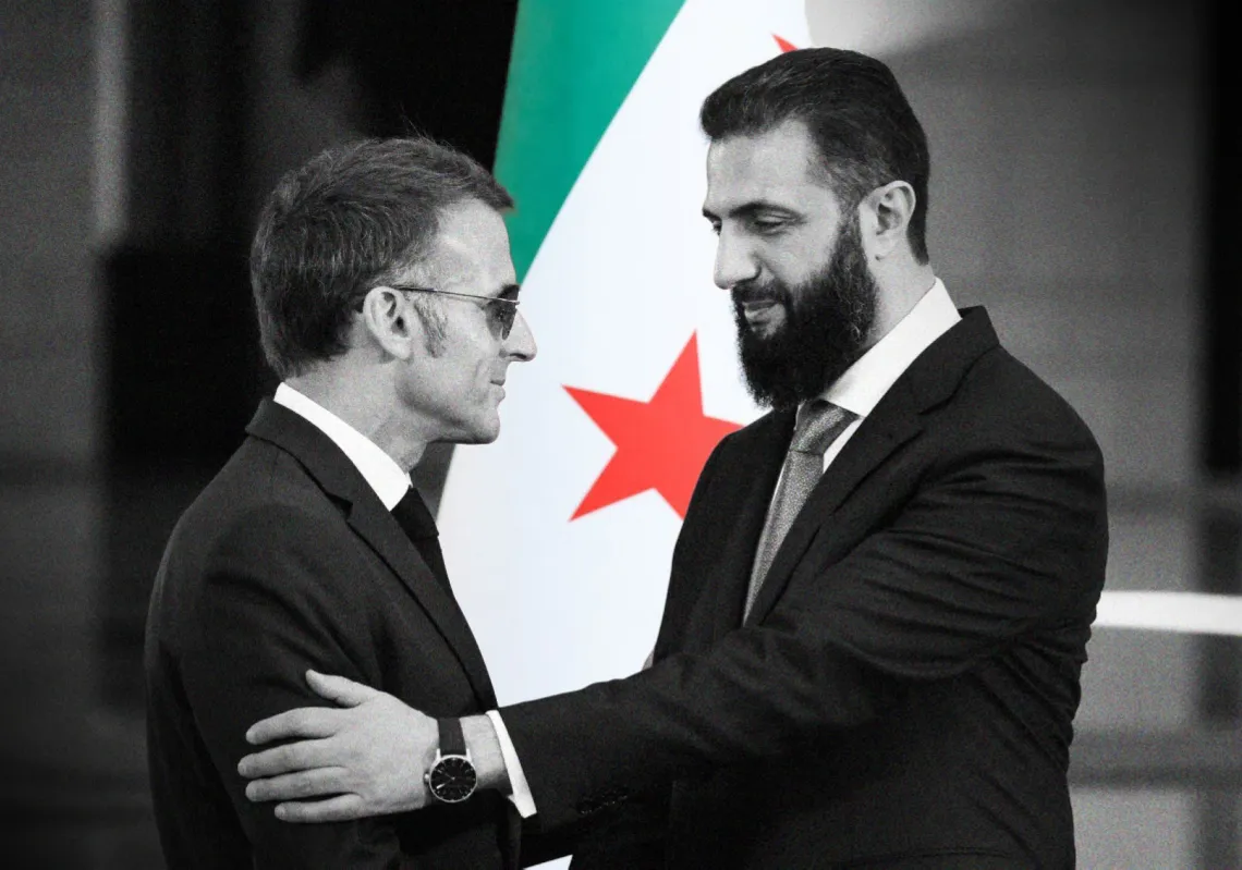 الرئيس السوري أحمد الشرع والرئيس الفرنسي إيمانويل ماكرون عقب مؤتمر صحفي مشترك في دمشق في 7 يوليو 2026