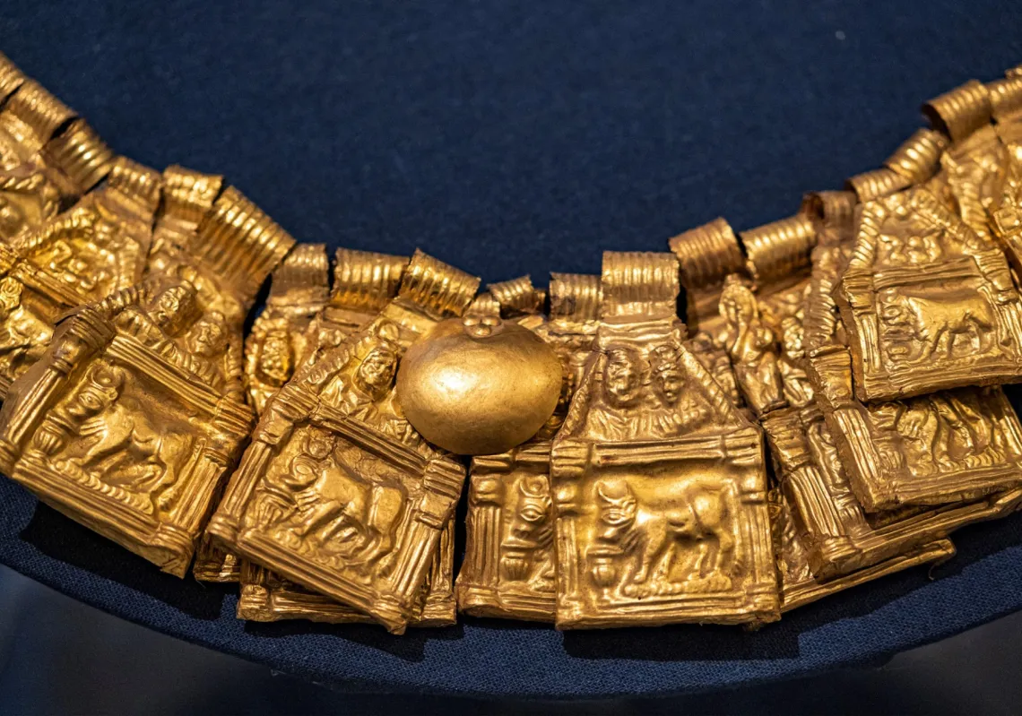 One of two gold necklaces made from more than 100 separate gold plates, decorated with images of goddesses such as Serapis, dating back to the second century AD.