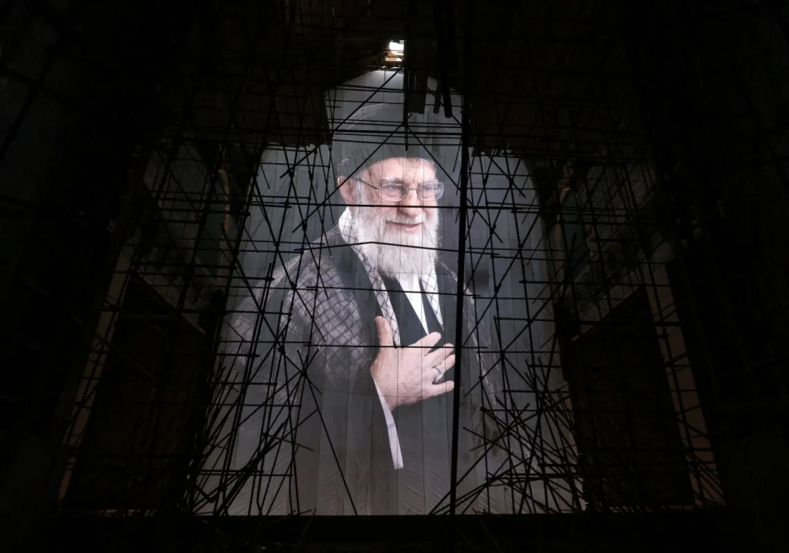 A picture of Iran's late Supreme Leader Ayatollah Ali Khamenei at the Grand Mosalla during his funeral ceremonies in Tehran on 4 July 2026.