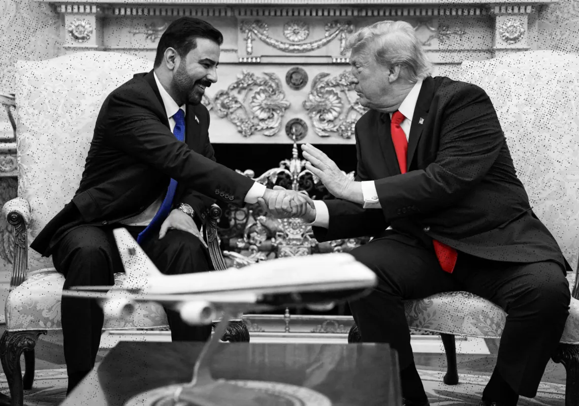 الرئيس الأميركي دونالد ترمب يستقبل رئيس الوزراء العراقي علي الزيدي في المكتب البيضاوي بالبيت الأبيض في واشنطن العاصمة، في 14 يوليو 2026