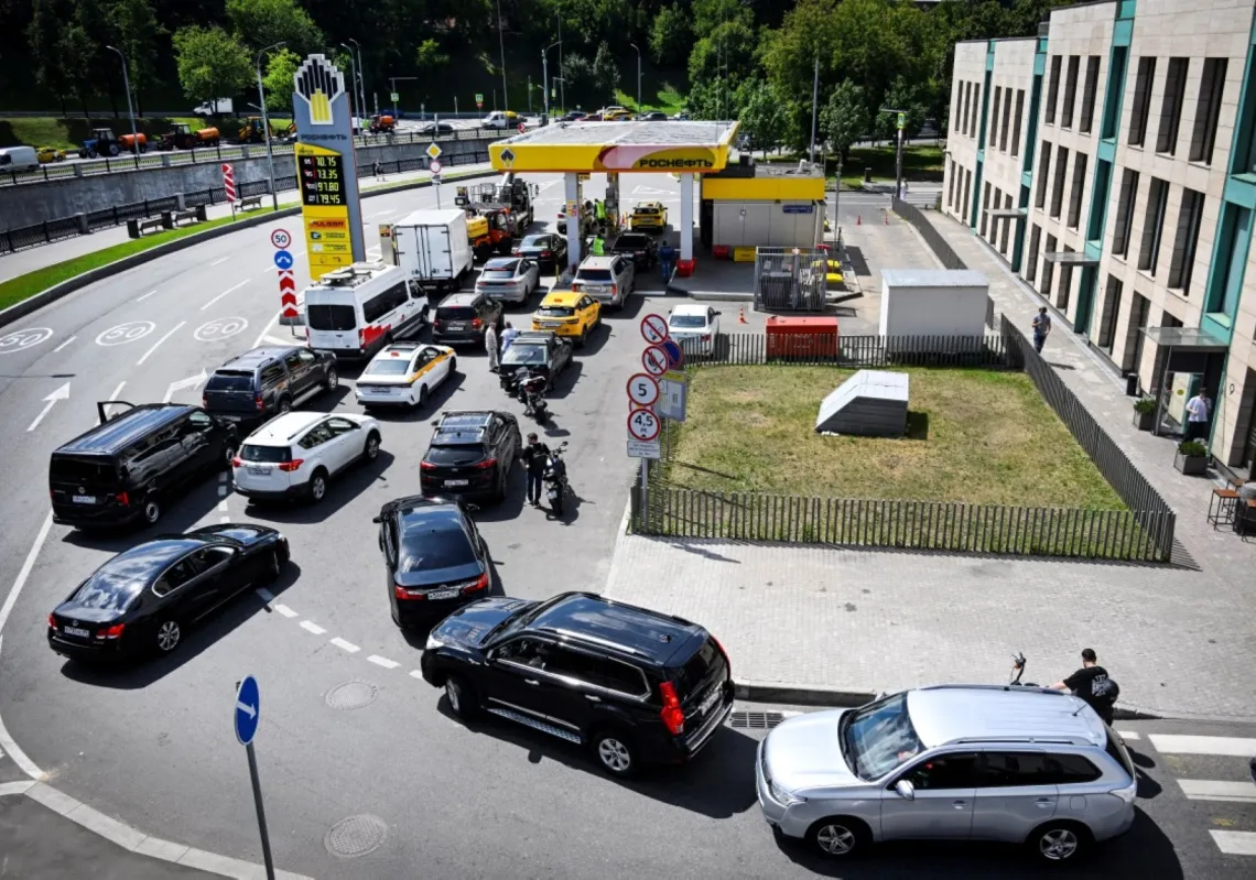 Lines of cars waiting to refuel in Moscow, Russia, June 30, 2026.