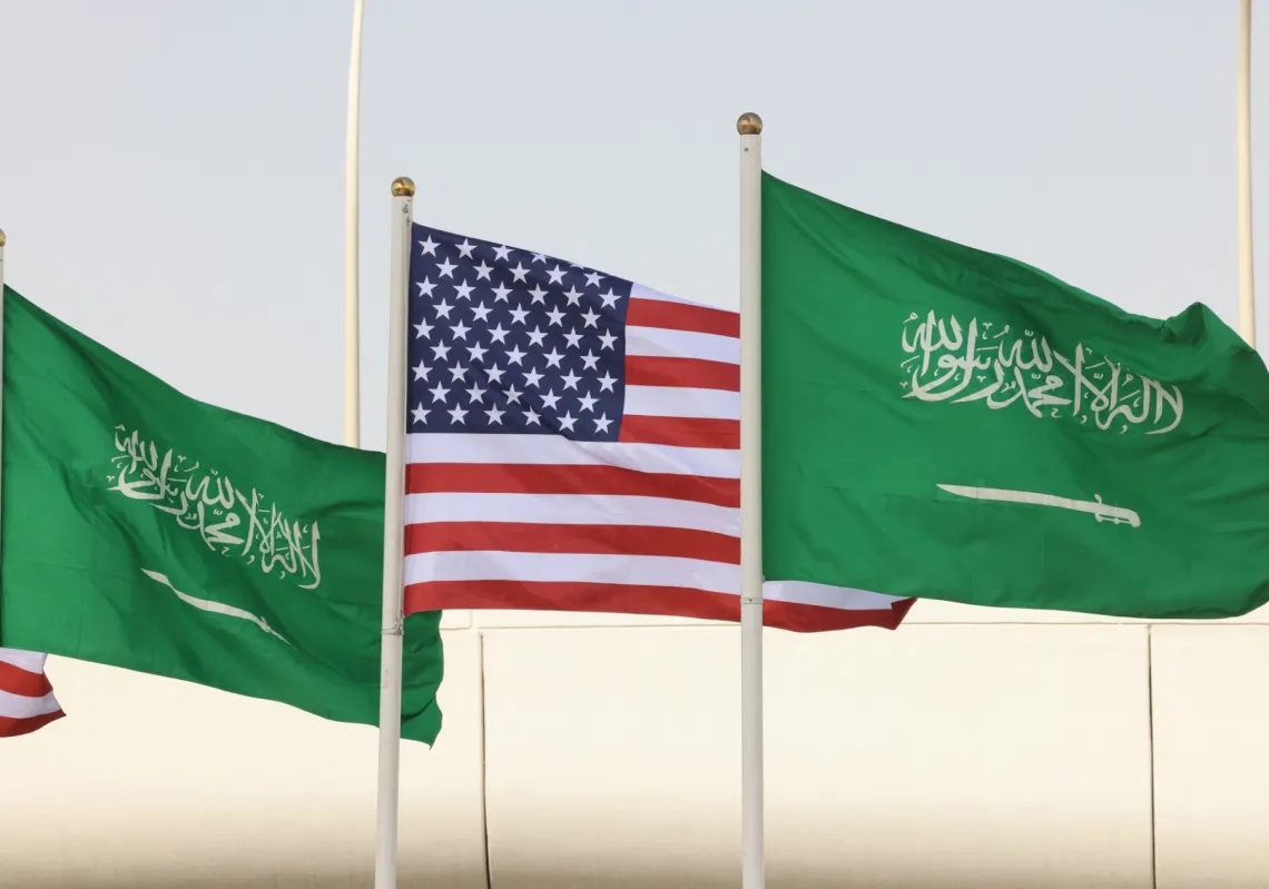 Saudi and US flags during President Donald Trump's visit to Riyadh, May 12, 2025. 