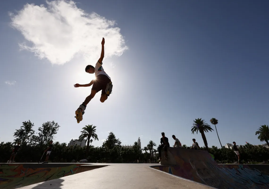 A Moroccan roller blader skates at a skate park in Casablanca, Morocco, July 10, 2026. 
