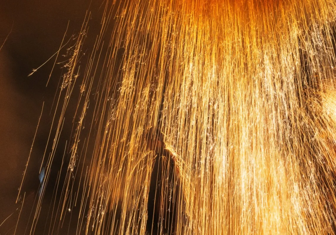  Hand-crafted bamboo tubes packed with gunpowder that erupt in a towering column of spark and flame, during the Tatebayashi Arm-Held Fireworks Festival in Tatebayashi, Gunma Prefecture, on July 25, 2026.