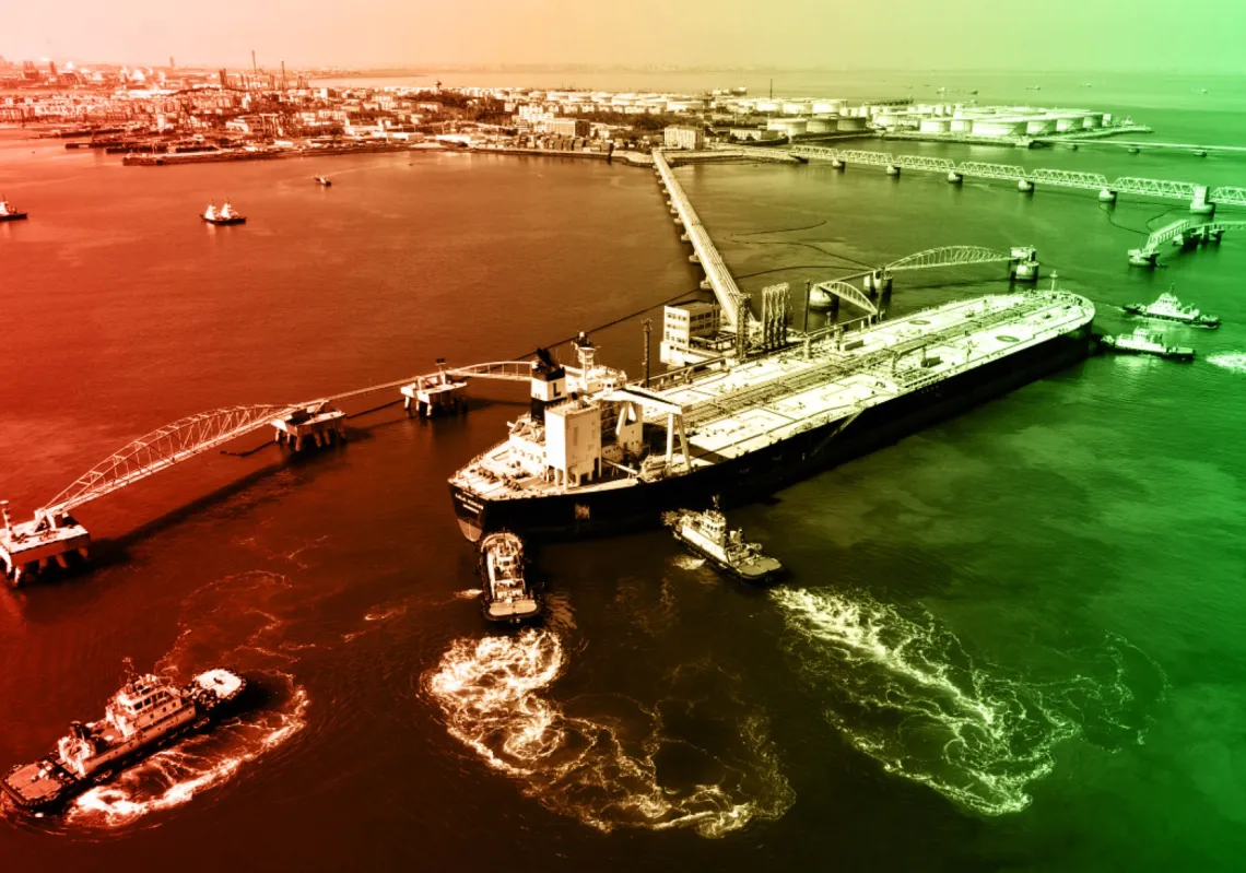 A crude oil tanker is guided to a berth at the oil terminal at the port in Qingdao, in China’s eastern Shandong province on March 7, 2026. 