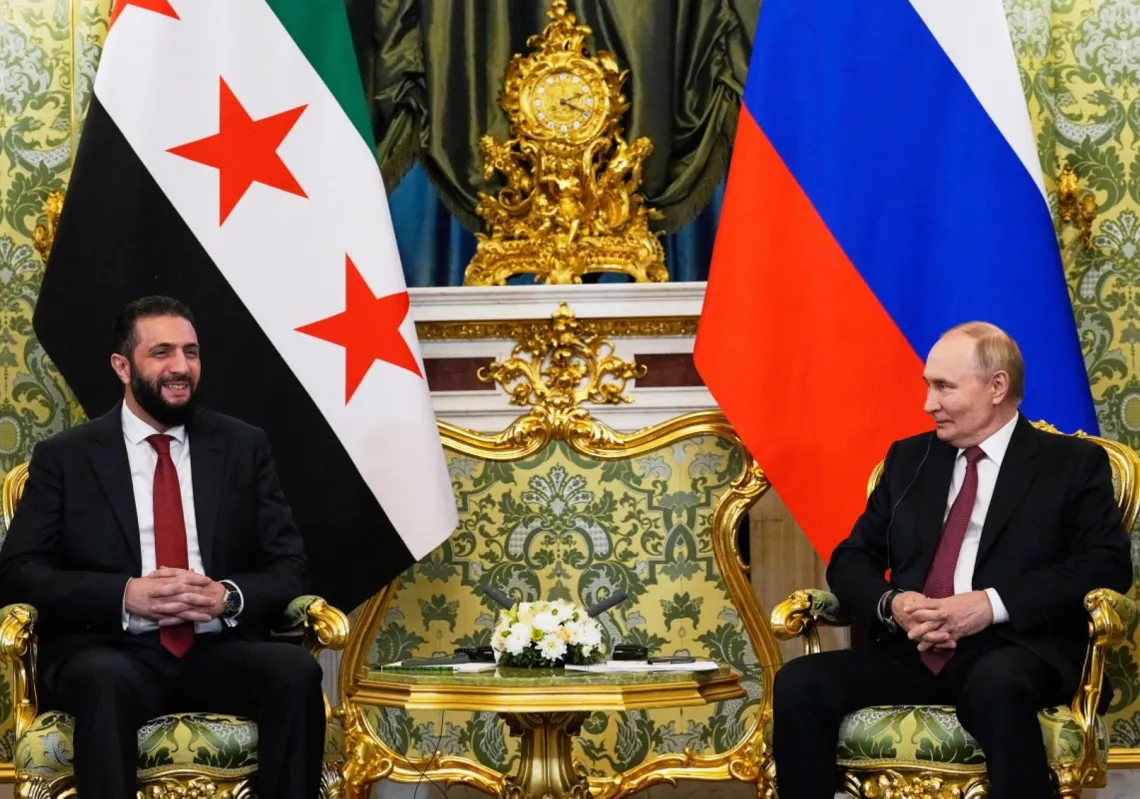 Russian President Vladimir Putin and Syrian President Ahmed al-Sharaa hold a meeting at the Grand Kremlin Palace in Moscow on 15 October 2026.