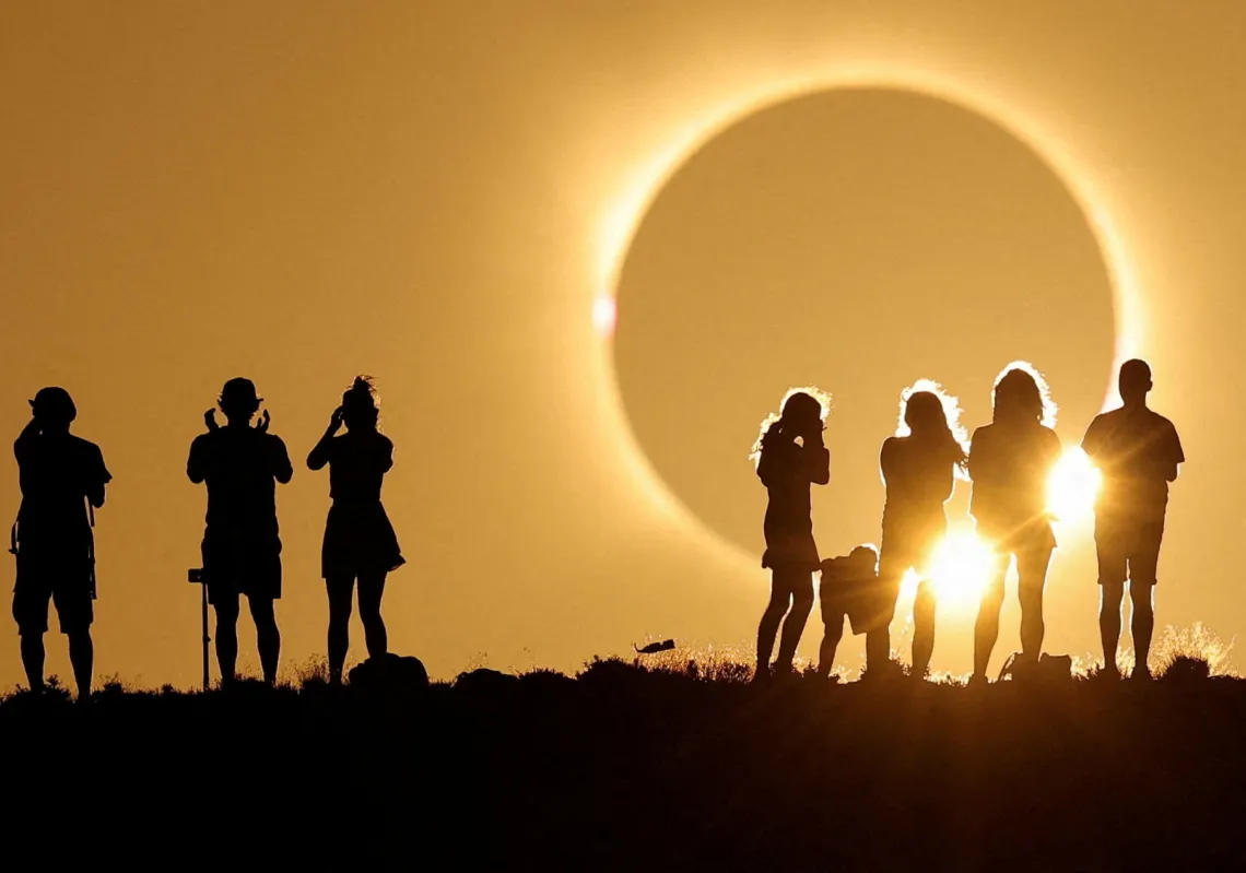The moon partially covers the sun during a total solar eclipse as seen from the Galactica Centre, near the Javalambre Astrophysical Observatory in Arcos de las Salinas, near Teruel, Spain, on 12 August 2026. 
