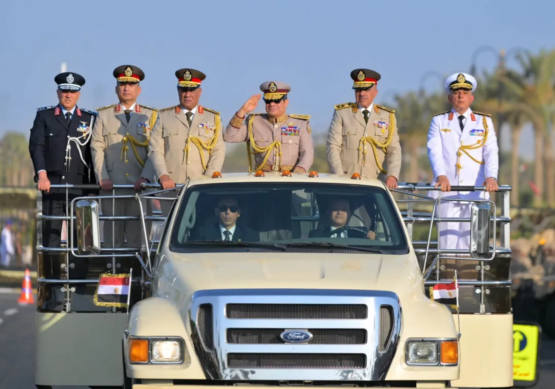 President Abdel Fattah al-Sisi arrives at the State Strategic Command headquarters—known as "The Octagon"—in the New Administrative Capital on 4 July 2026.