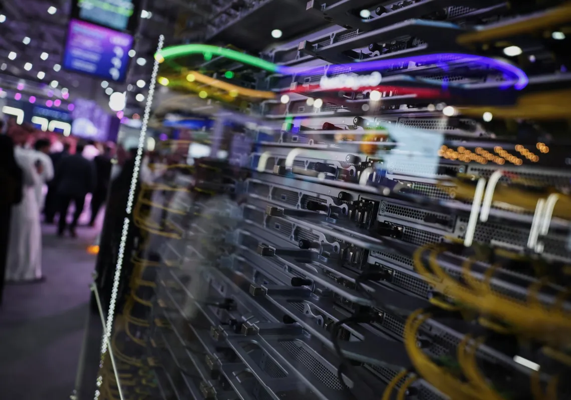 A smart AI Server on display at the HUMAIN stall during the opening ceremony of technology event LEAP in Riyadh, Saudi Arabia, on 31 August, 2026