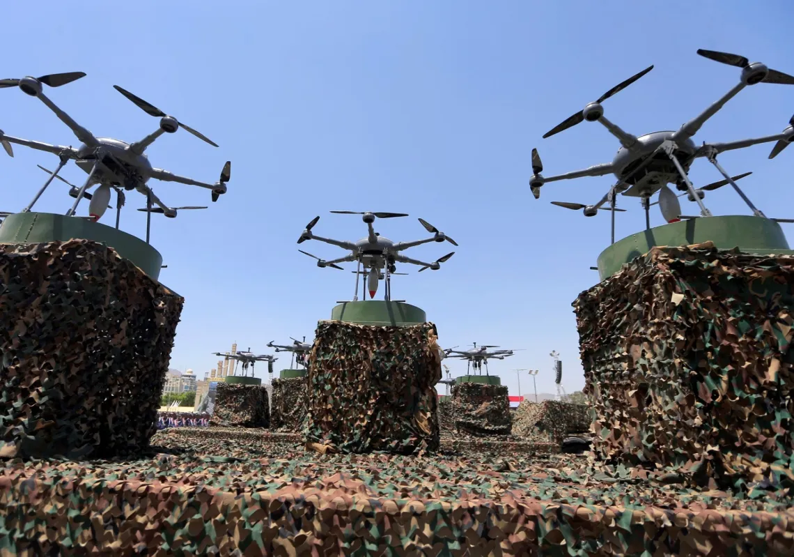 Drones displayed on a vehicle during a Houthi military parade in the capital, Sanaa, Yemen, on 21 September 2023.
 