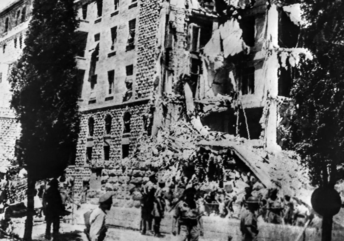 A picture taken on 22 July 1946 shows the King David Hotel in Jerusalem, after a bombing attack against the British government by members of Irgun, a Zionist terrorist group headed by Menachem Begin.