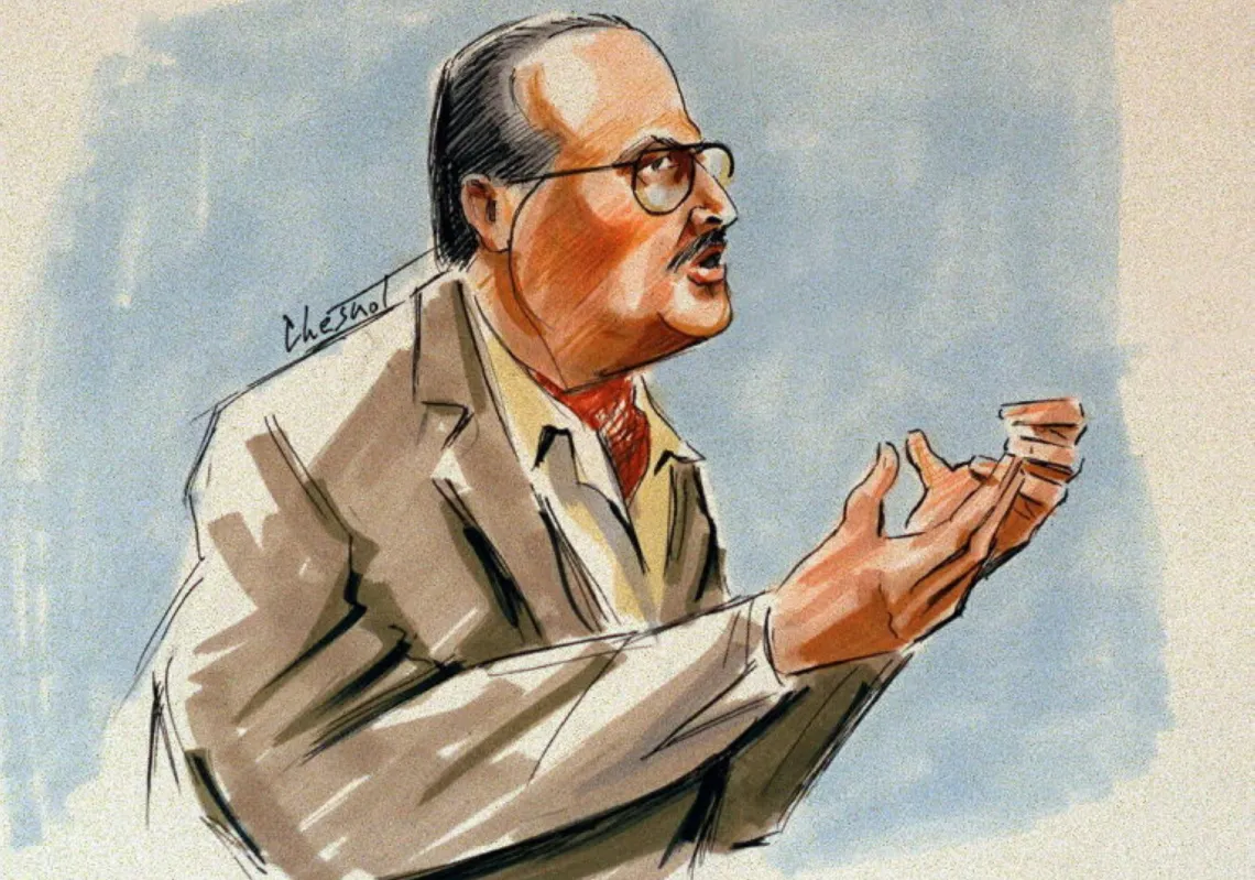 رسم تخطيطي للفنزويلي "كارلوس"، إيليتش راميريز سانشيز، في اليوم الأول من محاكمته يوم 12 ديسمبر 1997 في قصر العدل بباريس، حيث اتهم بقتل اثنين من ضباط جهاز مراقبة التراب الوطني ومُخبر في شارع توللييه بباريس عام 1975