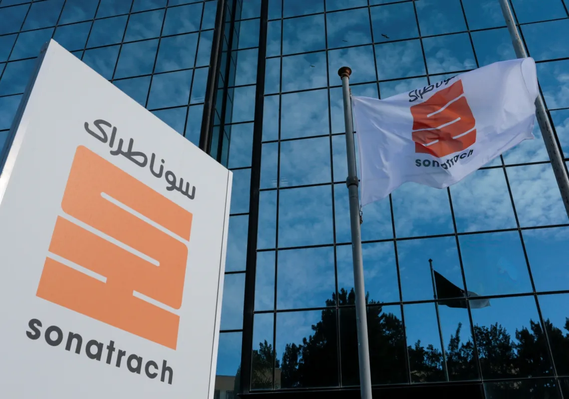 The logo of the state energy company Sonatrach is pictured at the headquarters in Algiers, Algeria, on 25 November 2019. 
