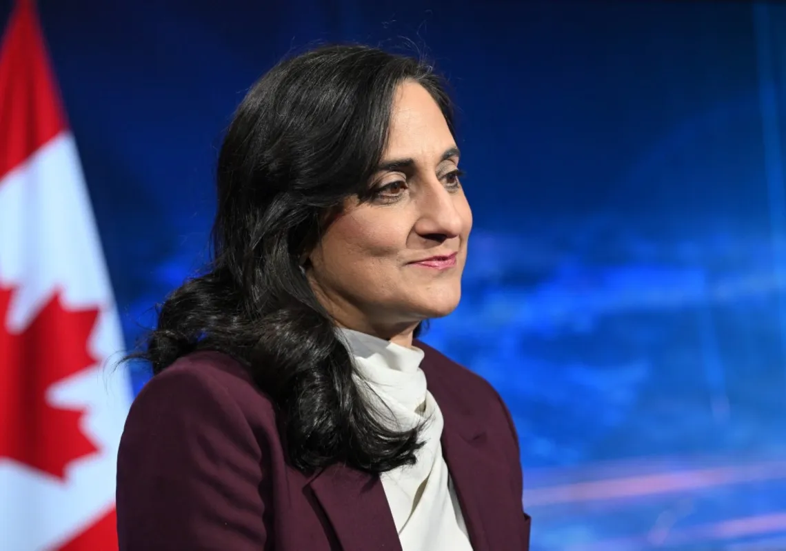 Canada's Foreign Minister Anita Anand answers journalists' questions during an interview as part of her visit to the NATO headquarters in Brussels on 11 May 2026.