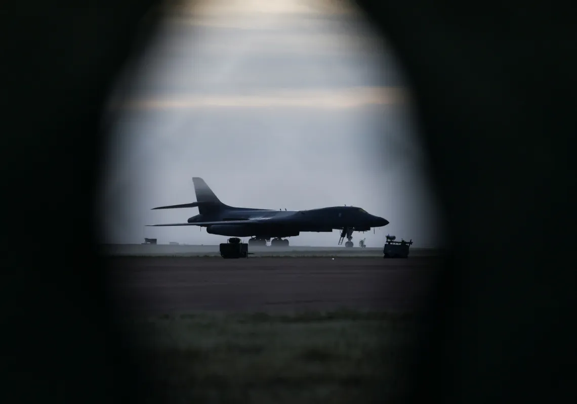 A B 1B Lancer bomber at the RAF Fairford airbase, after police declared a major incident in which several men were arrested on suspicion of offences under the Explosives Act, in Fairford, UK, on 27 September 2026.