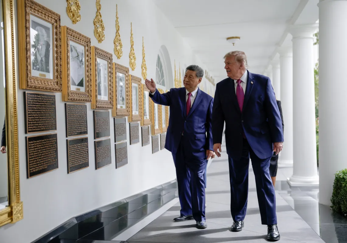 US President Donald Trump and Chinese President Xi Jinping view portraits of former US presidents at the White House, Washington, DC, on 24 September 2026.