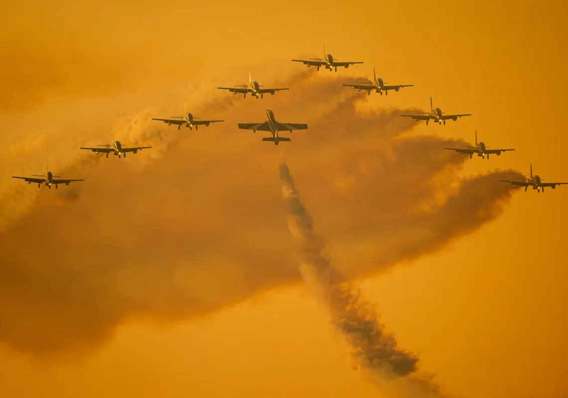 Frecce Tricolori, the aerobatic team of the Italian Air Force, performs on the first day of the BIAS International Air Show, in Bucharest, Romania, on 28 August 2026.