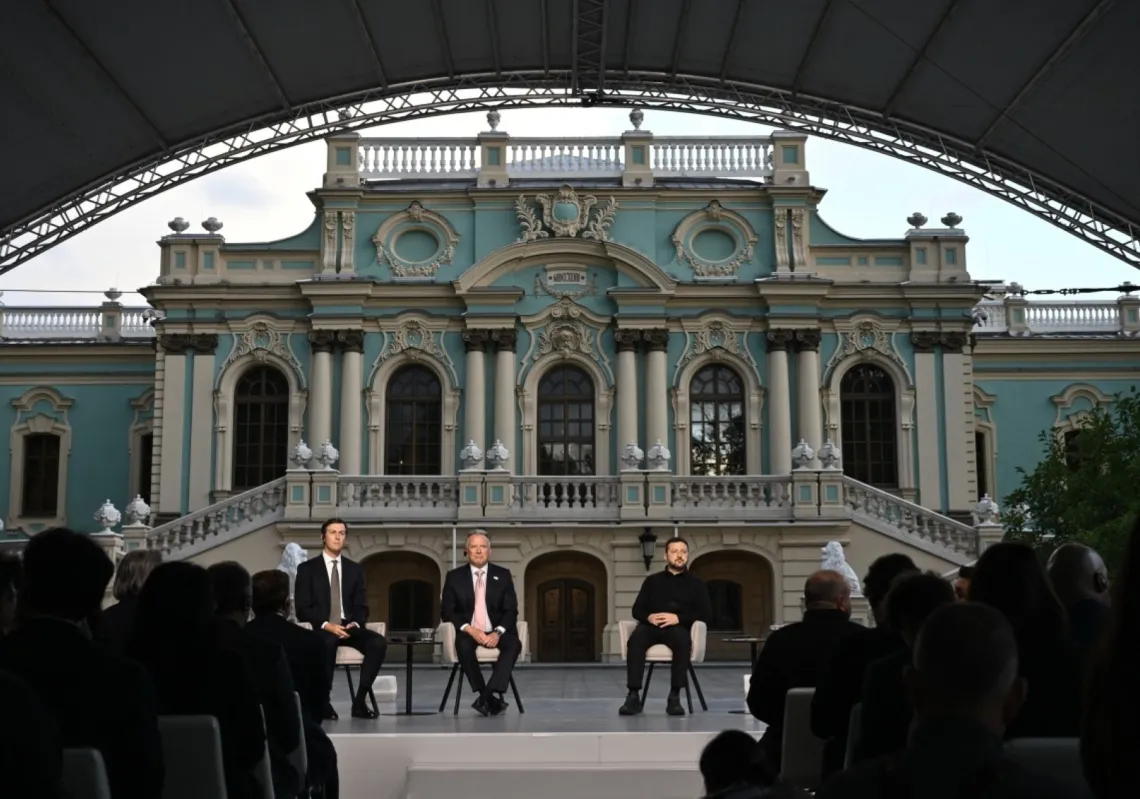 Ukraine's President Volodymyr Zelensky US Special Envoy Steve Witkoff and US President Donald Trump's son-in-law Jared Kushner at a press conference following their talks in Kyiv on 6 September 2026.