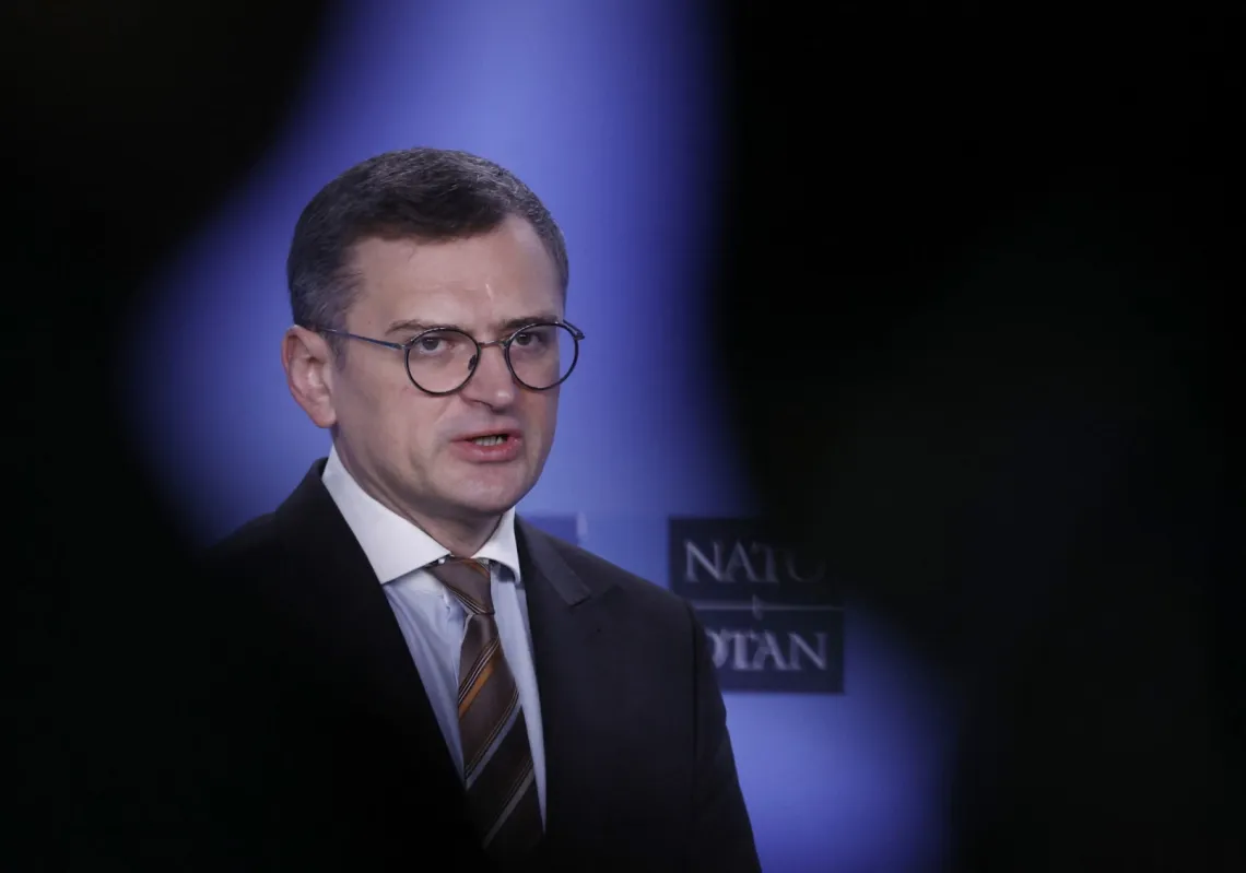Ukranian Minister for Foreign Affairs Dmytro Kuleba listens to the North Atlantic Treaty Organization (NATO) Secretary General during the alliance's 75th anniversary at the NATO Headquarters in Brussels on 4 April 2024. 