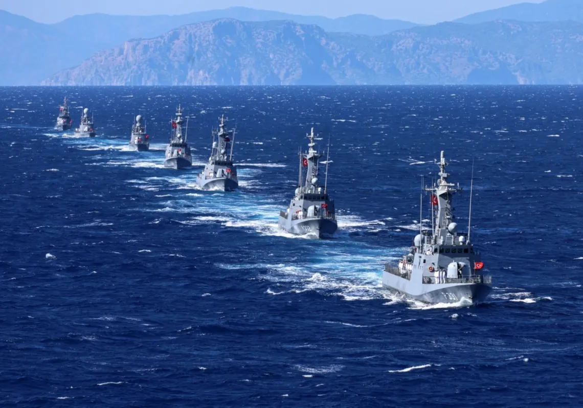 Turkish Navy's Kilic-class fast attack craft participate in a ceremonial parade during the Denizkurdu-I/2026 Exercise in the Eastern Mediterranean, off the coast of Aksaz, at Marmaris in Mugla, on 24 September 2026.