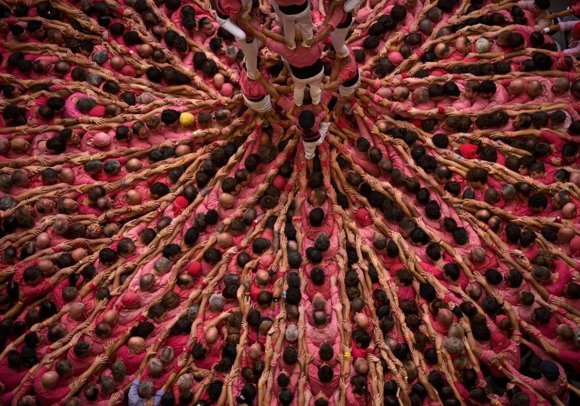 Members of Castellers Colla Vella form a "castell," or human tower, during the 30th Concurs de Castells, or Human Tower Competition, in Tarragona, Spain, on 4 October 2026.