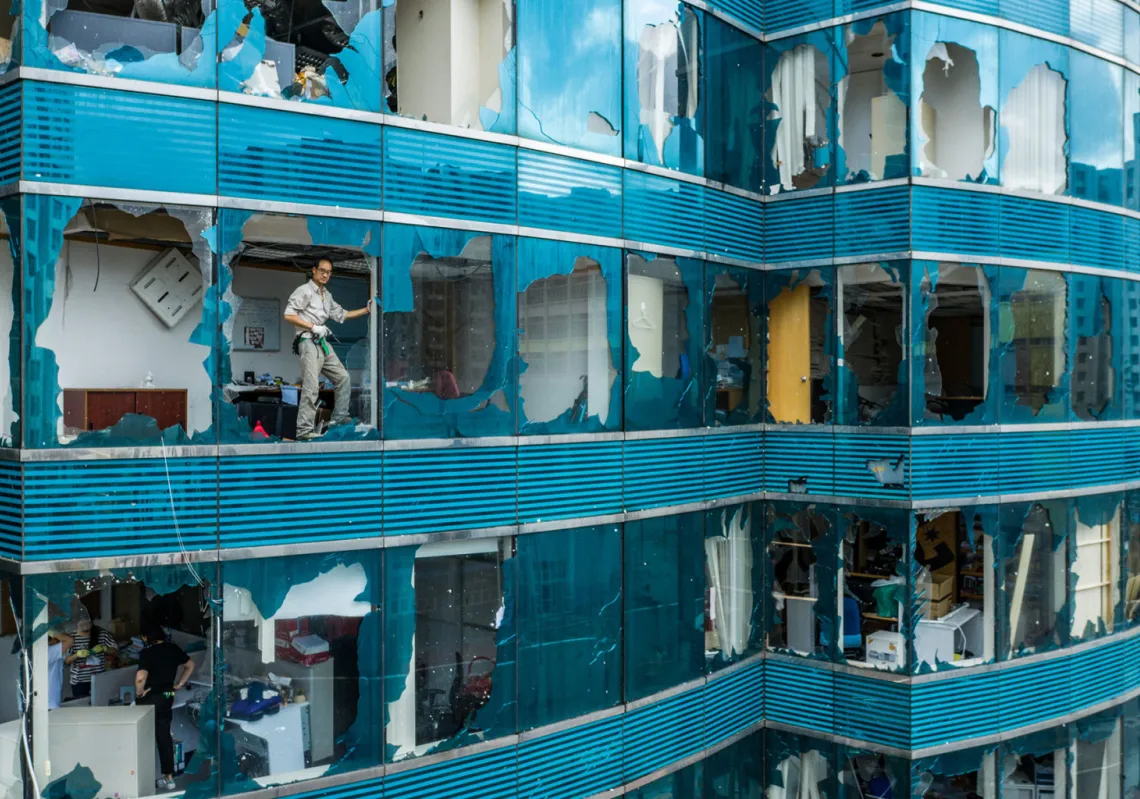  The aftermath of Typhoon Mangkhut on September 17, 2018 in Hong Kong, Hong Kong. City officials raised the storm alert to T10, it's highest level, as Typhoon Mangkhut landed on Hong Kong. (Getty)