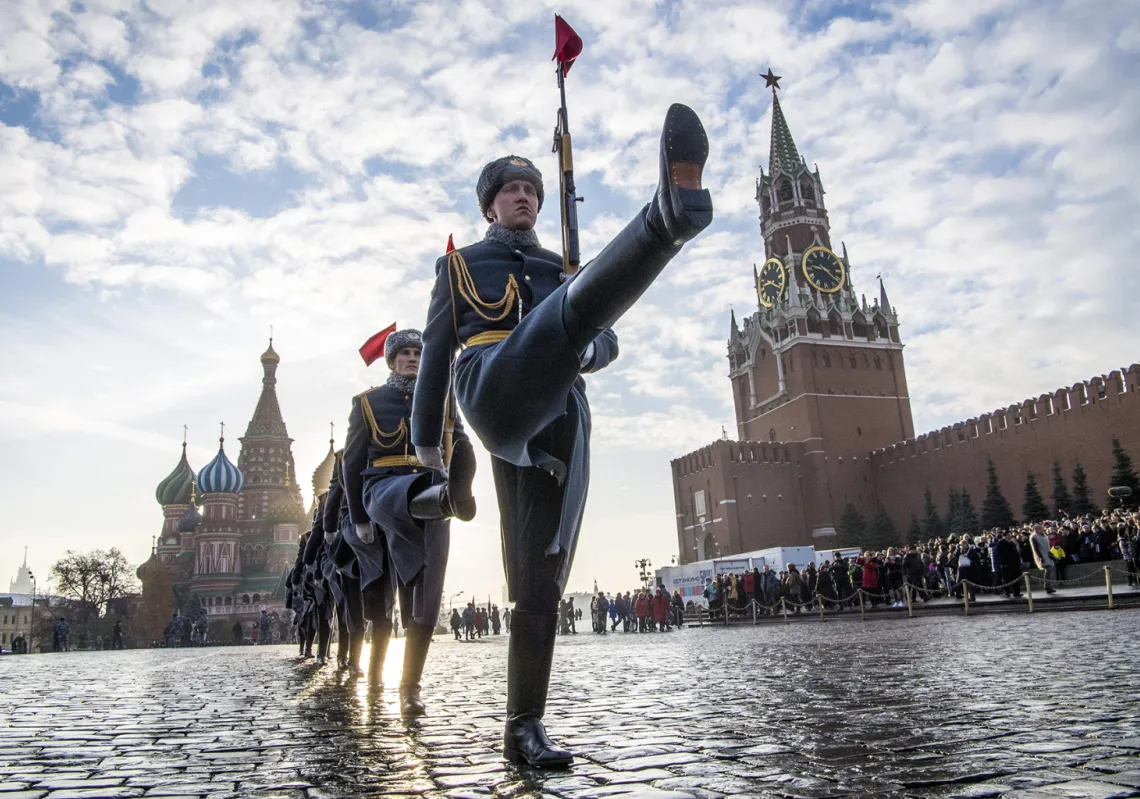 Russian honour guards march during the military parade at Red Square in Moscow on November 7, 2018. (Getty)
