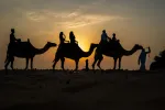 Tourists ride camels at a desert resort in Dubai at sunset on October 19, 2025.  Jewel SAMAD / AFP